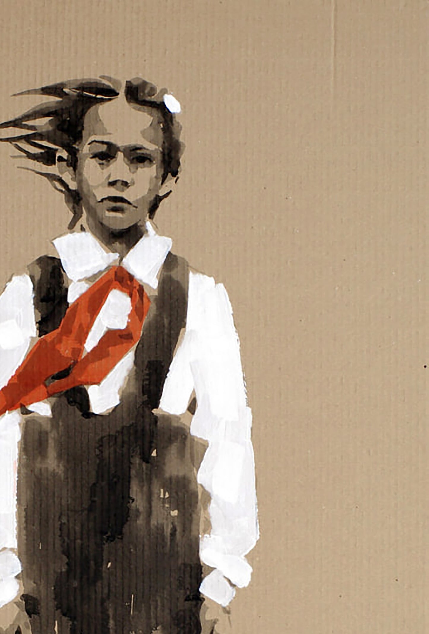 Stylized acrylic painting Goodbye Era by Dima Filatov: girl in shirt, overalls, red ribbon