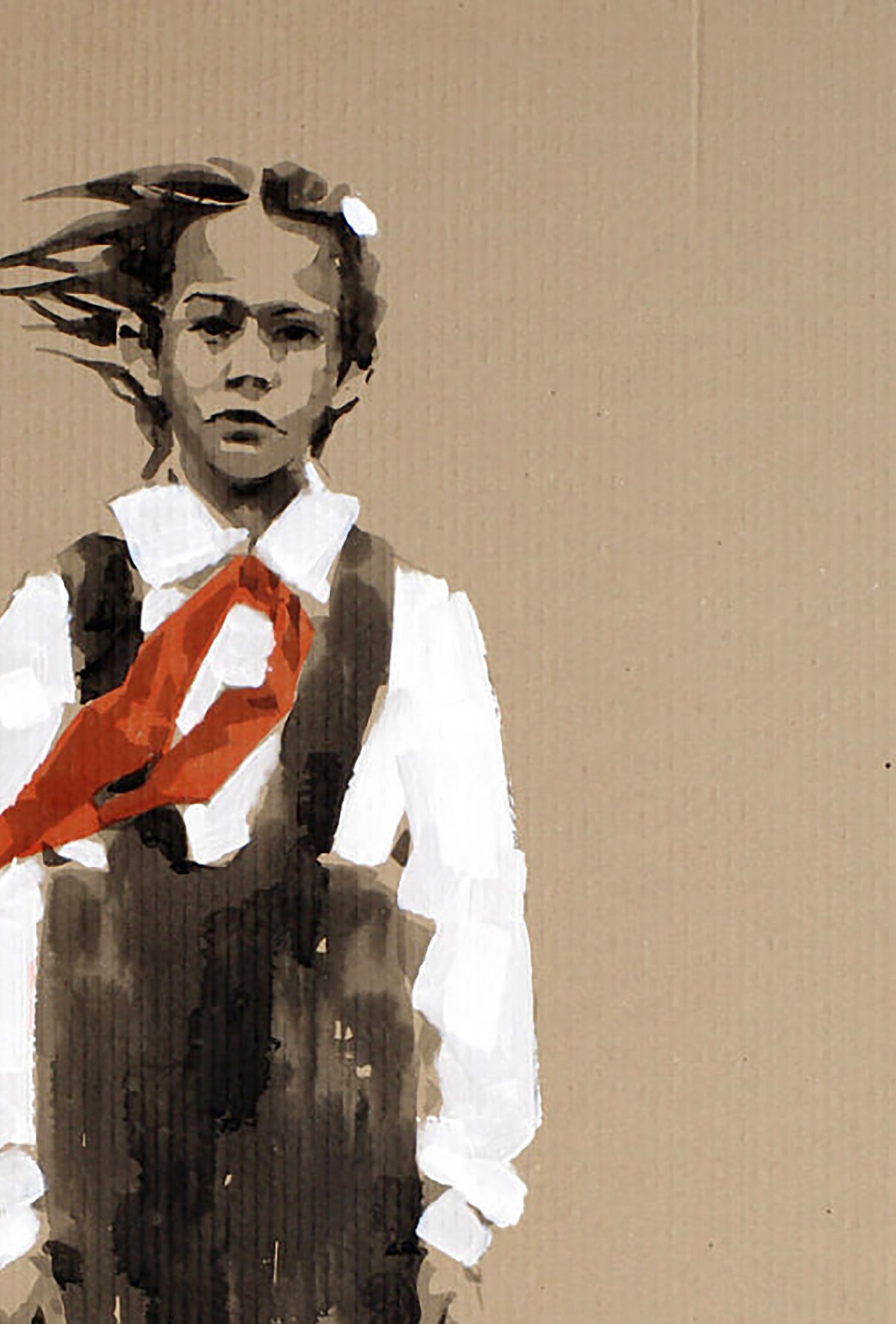 Stylized acrylic painting Goodbye Era by Dima Filatov: girl in shirt, overalls, red ribbon