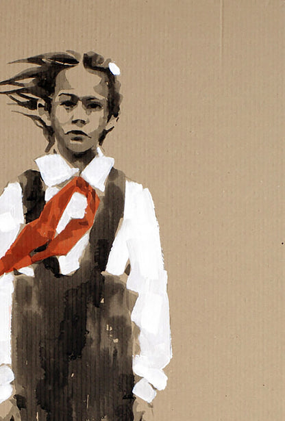 Stylized acrylic painting Goodbye Era by Dima Filatov: girl in shirt, overalls, red ribbon