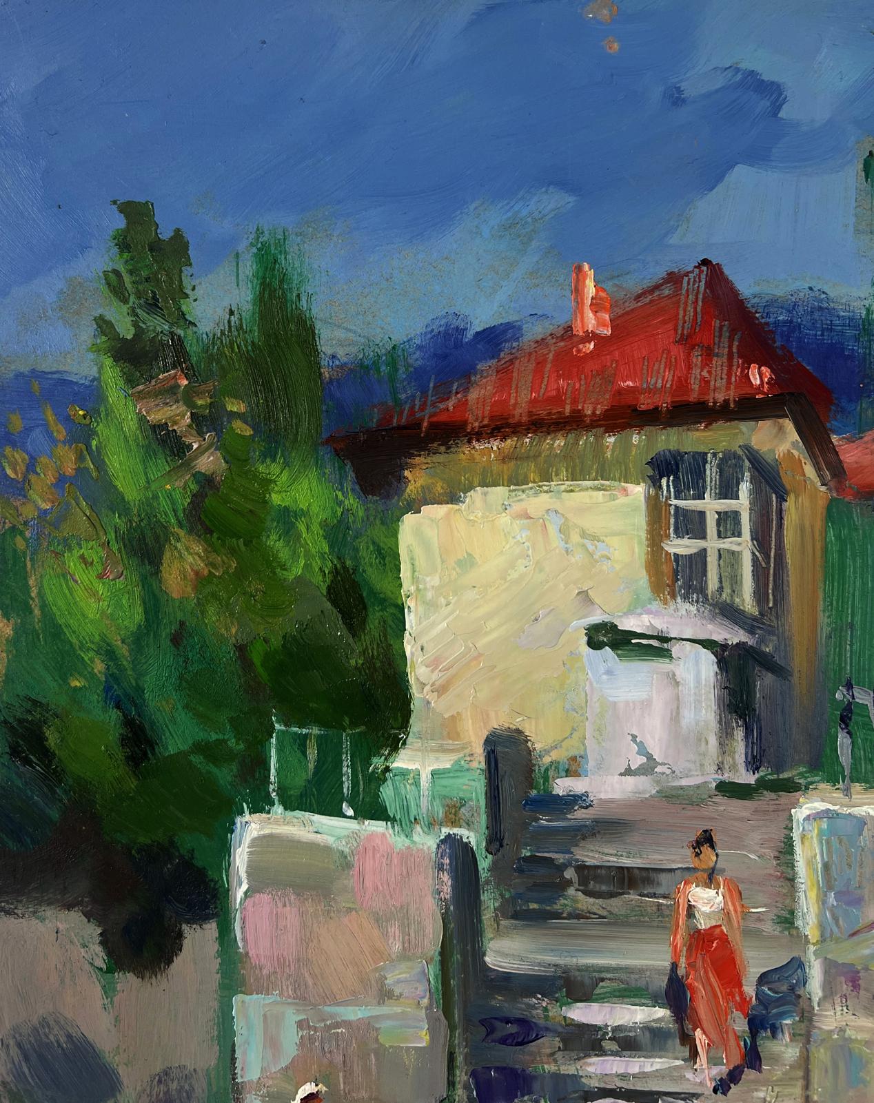 Oil painting by Yuriy Suprunchuk: red-roofed yellow house amid green trees