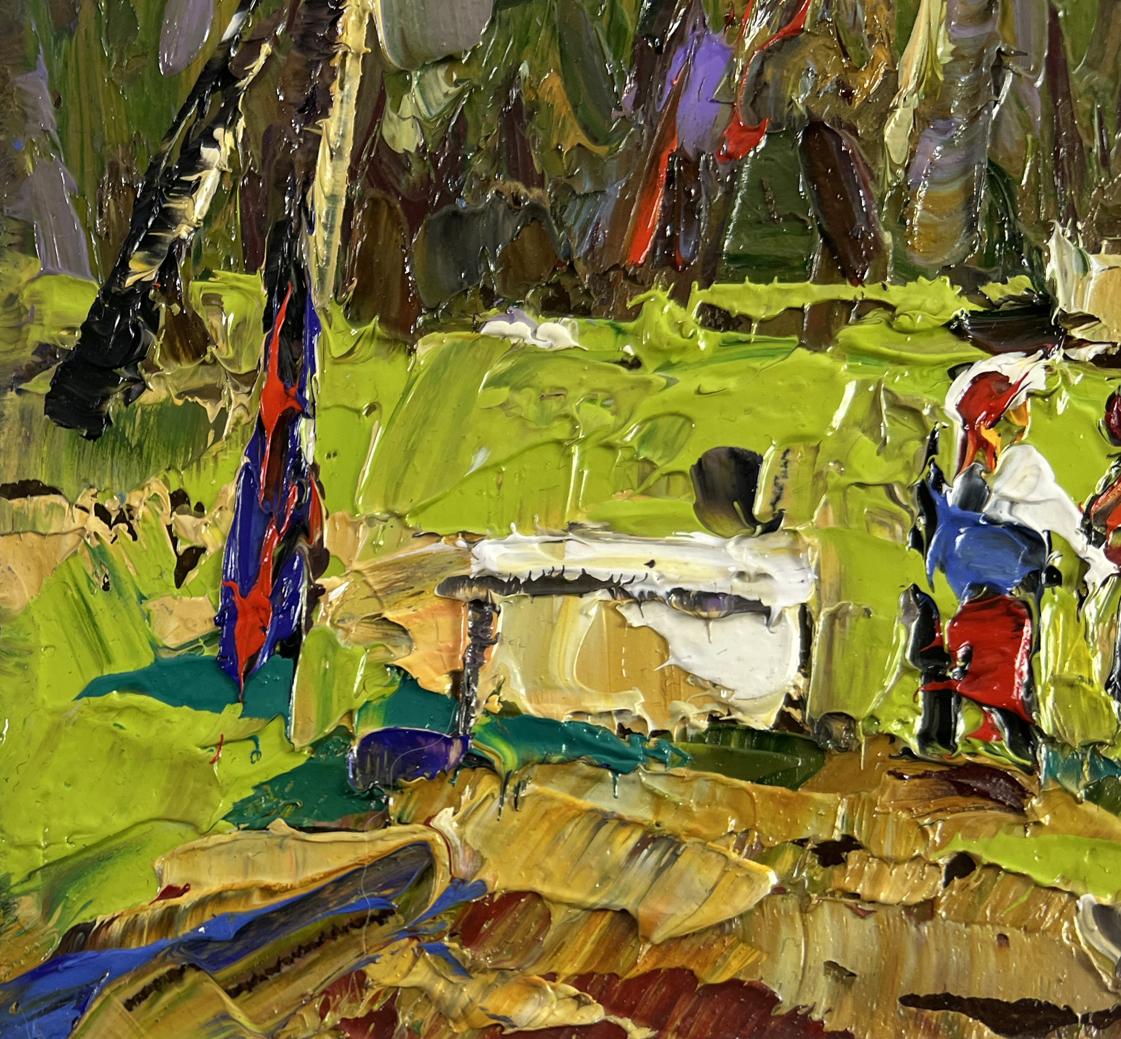 Vibrant impressionist oil painting Neighbors in the summer garden by Oleksiy Ivanyuk