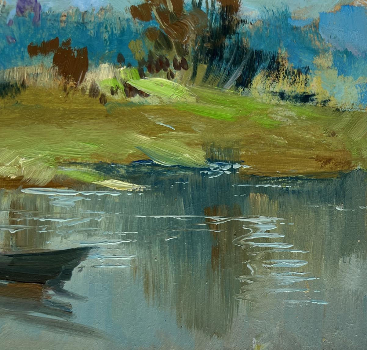 Impressionistic oil painting of lonely boat in reeds by Yuriy Suprunchuk