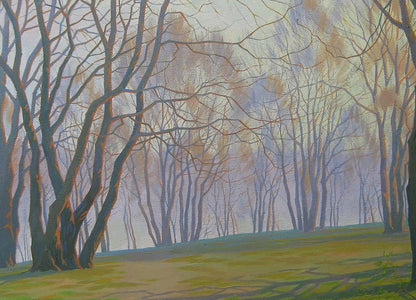 Serene oil painting of spring meadow forest by Valery Savenets