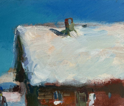 Oil painting of snow-covered roof with red chimney by Yuriy Suprunchuk