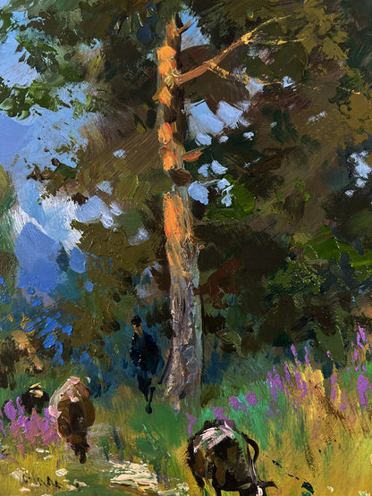 Oil painting of summer road to forest by Yuriy Suprunchuk with tall tree trunk