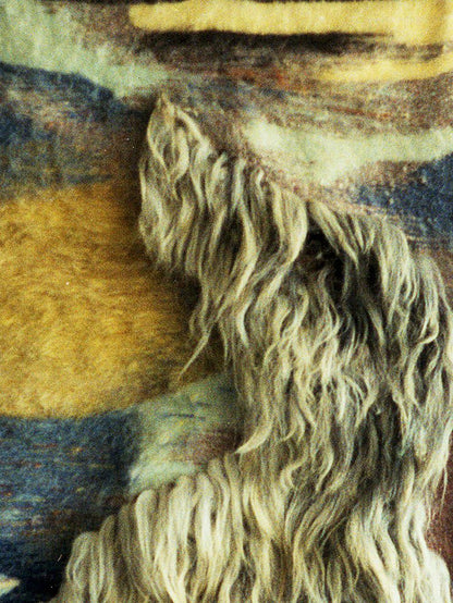 Handmade Autumn Night tapestry by Vasily Korkishko with beige wool fringe