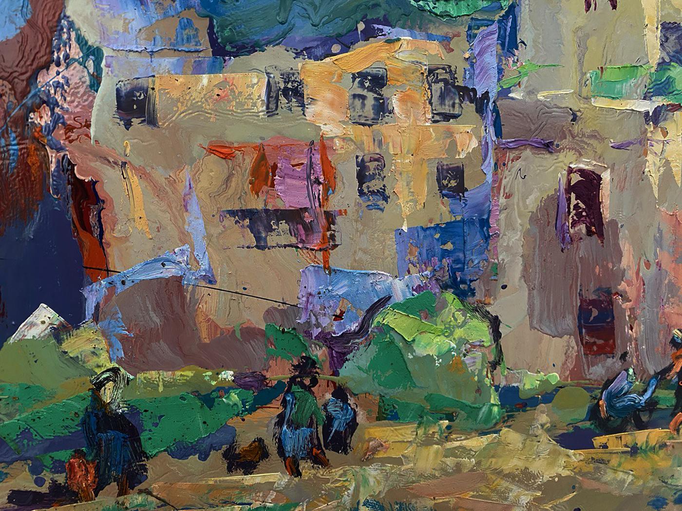Vibrant oil painting Fairground Square by Oleksiy Ivanyuk, textured buildings and figures