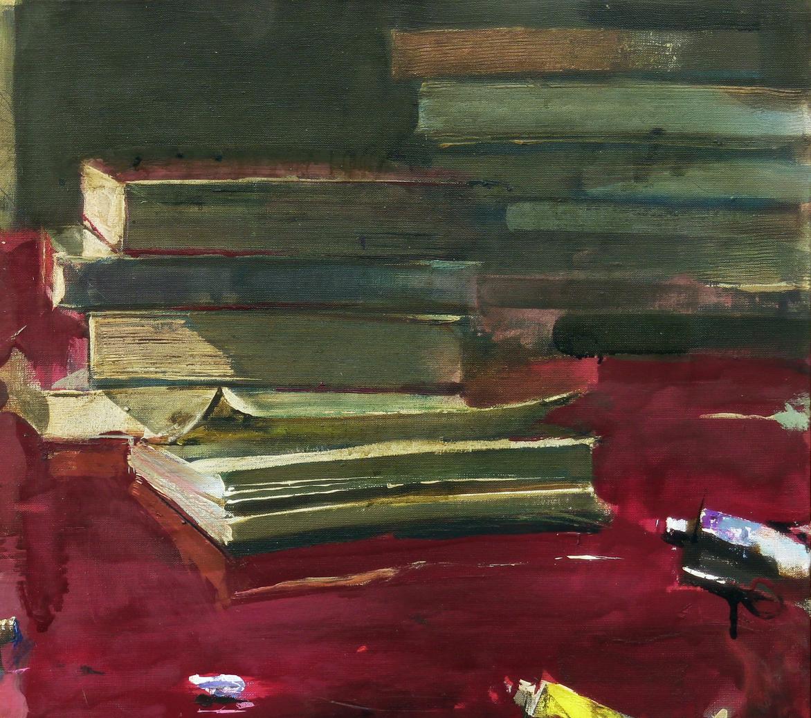 Oil painting by ARTnews Ed Potapenkov: stack of books with muted green and brown spines on vibrant red surface