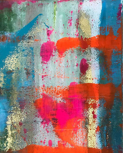 Holiday vibrant abstract painting with pink, orange, teal on gray gold background