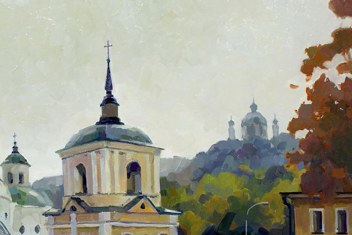 Oil painting of church with pale yellow facade, green dome, dark spire by Anastasia Yaroshevich