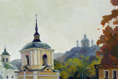 Oil painting of church with pale yellow facade, green dome, dark spire by Anastasia Yaroshevich