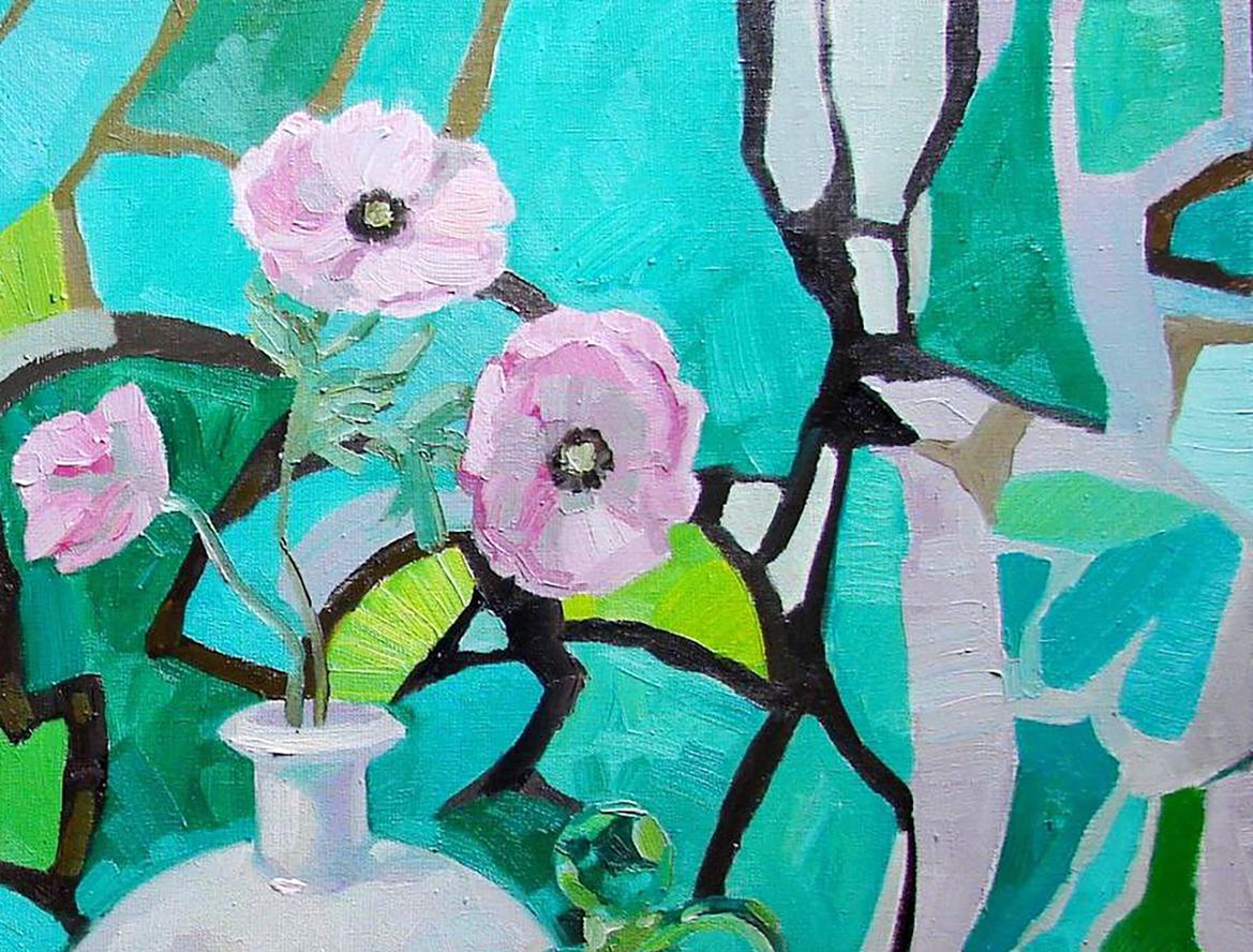 Oil painting Emerald still life by Tatyana Shulyak: pink anemones in white vase