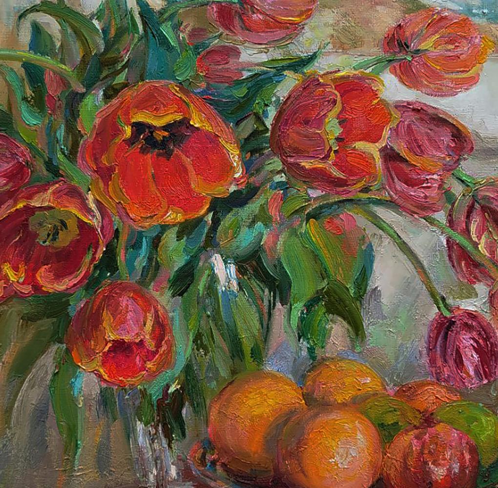 Vibrant red orange tulips oil painting by Leonid Pavlenko