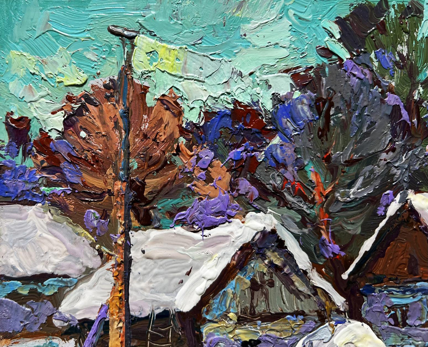 Vibrant impressionist oil painting The yard is covered in snow by Oksana Ivanyuk
