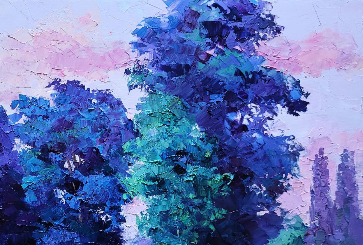 Vibrant impressionist oil painting of meadow at forest edge by Boris Serdyuk
