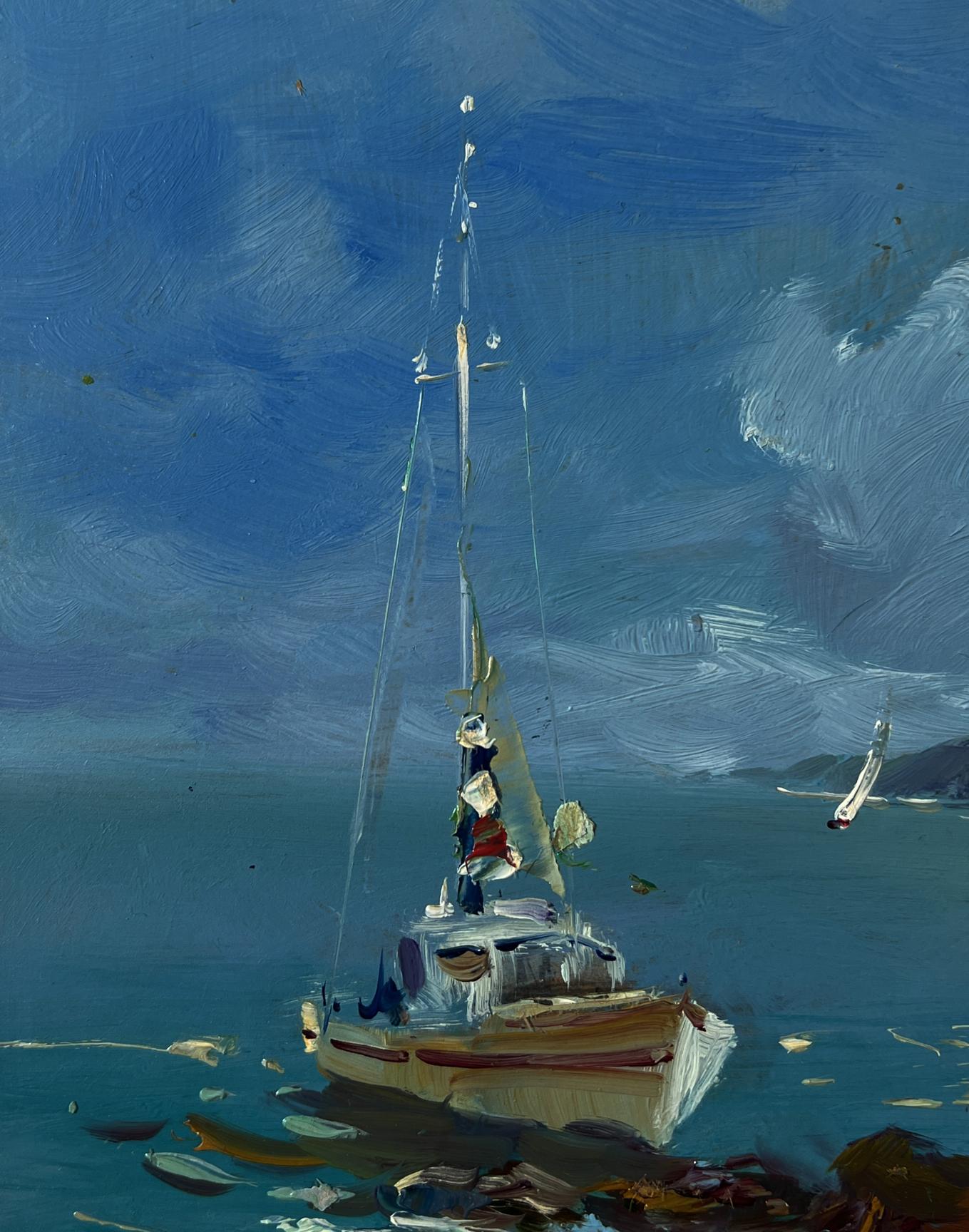Oil painting Shore with a boat by Yuriy Suprunchuk: white sailboat on calm blue waters