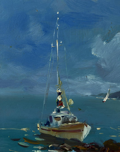 Oil painting Shore with a boat by Yuriy Suprunchuk: white sailboat on calm blue waters