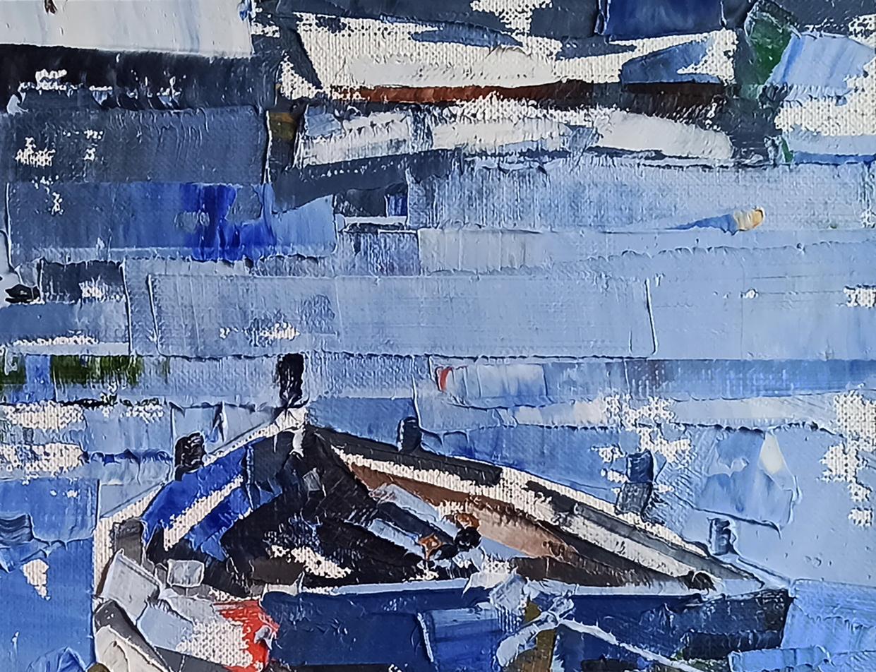 Textured impressionistic oil painting of moored boat by Volodymyr Gluhomanyuk