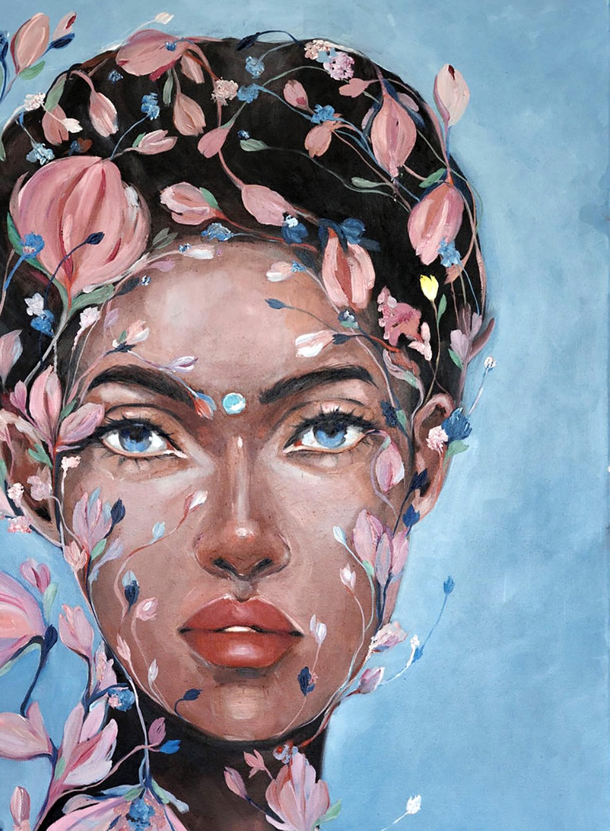 Oil painting Transformation Victoria Kagalovska: womans face with pink blue flowers in hair