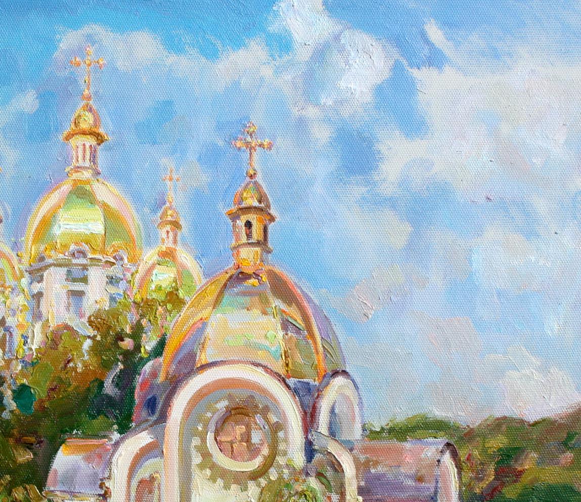 Oil painting of golden domed church spires by Leonid Pavlenko