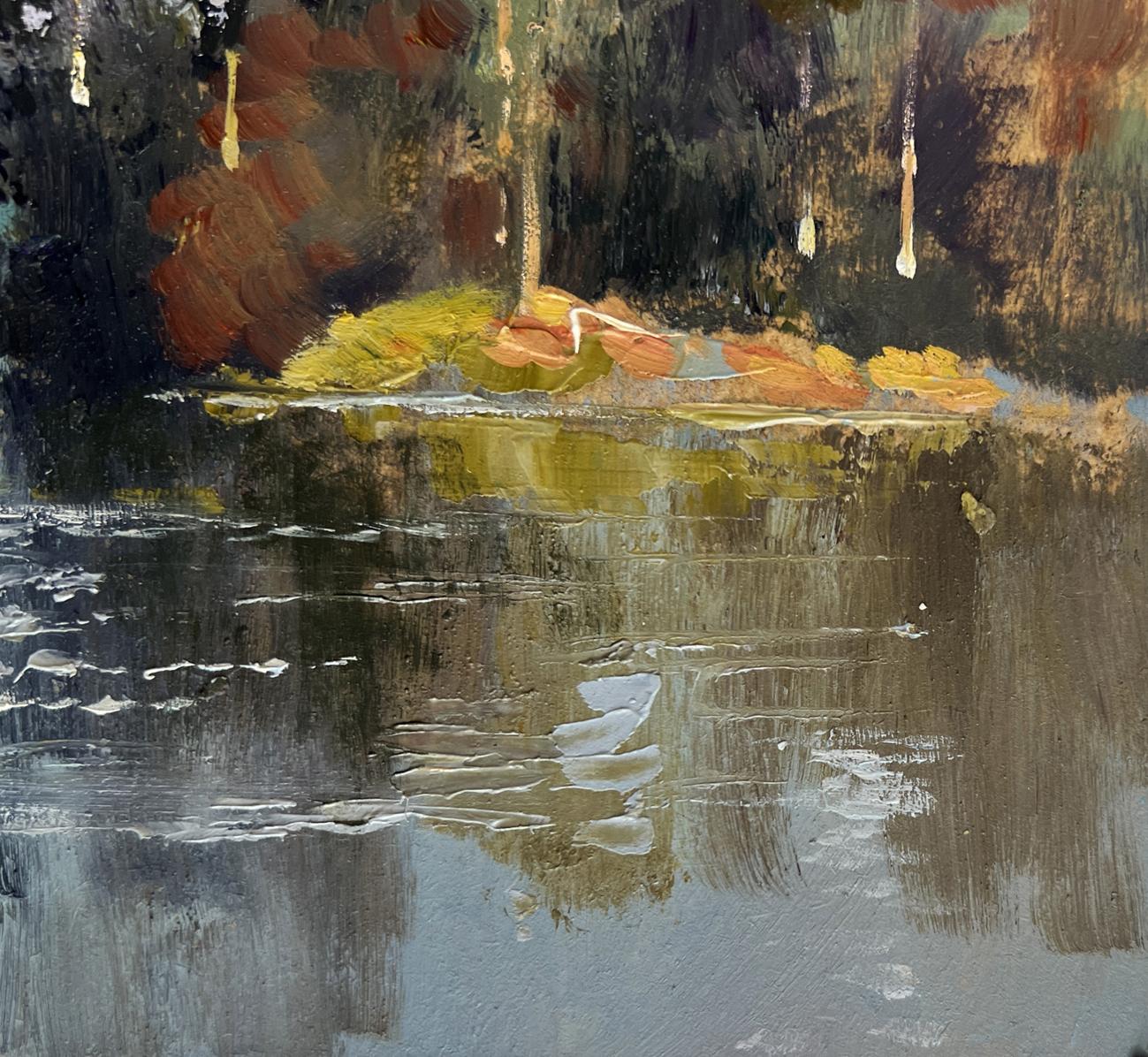 Oil painting of autumn forest river by Yuriy Suprunchuk with abstract reflections