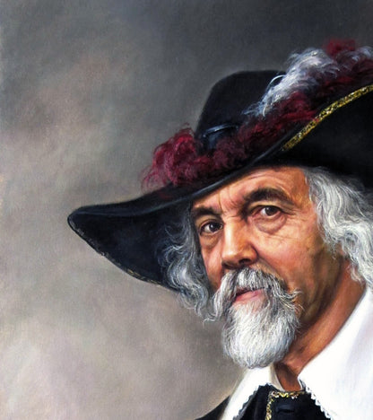 Oil painting portrait of elderly man in black feathered hat by Valeriy Bulat