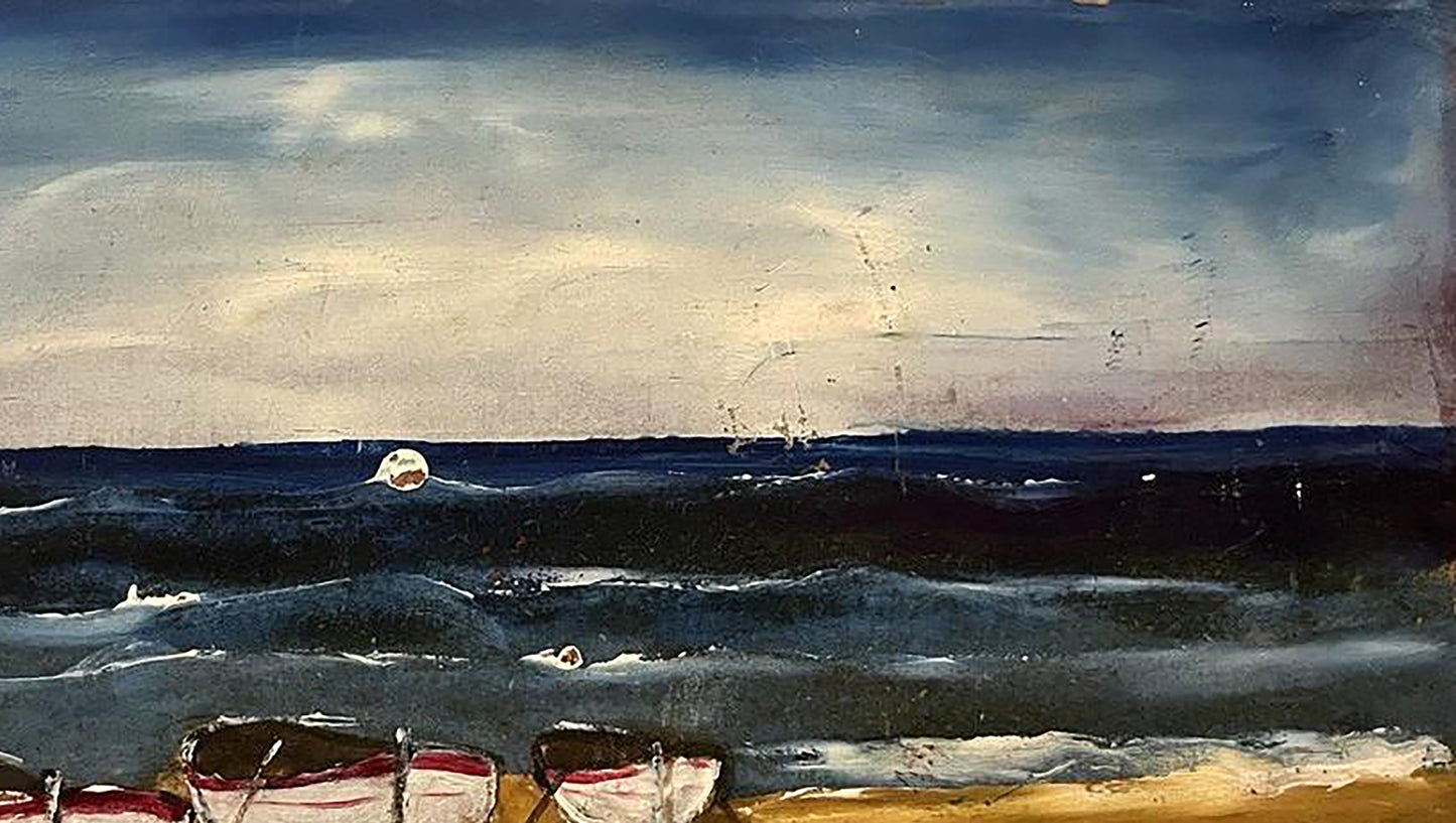 Oil painting of boats on shore by unknown artist, moody coastal scene
