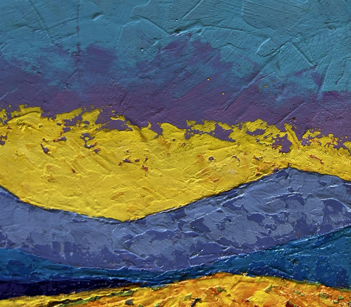 Oil painting The last ray of sunshine V. Zadorozhnya with teal purple yellow bands