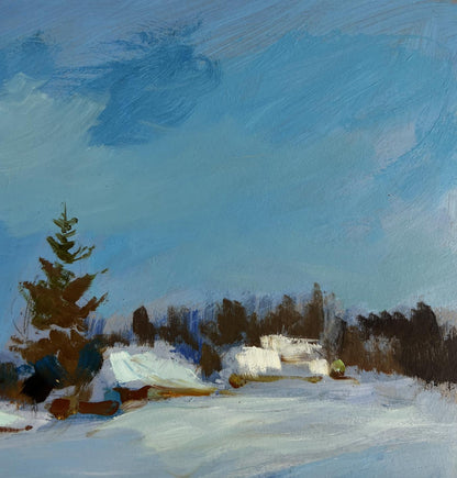 Oil painting Along the Snowy Path by Yuriy Suprunchuk, snowy evergreen tree