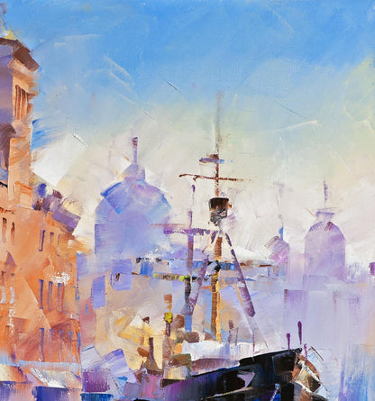 Vibrant impressionist oil painting of harbor ship by Volodymyr Gluhomanyuk