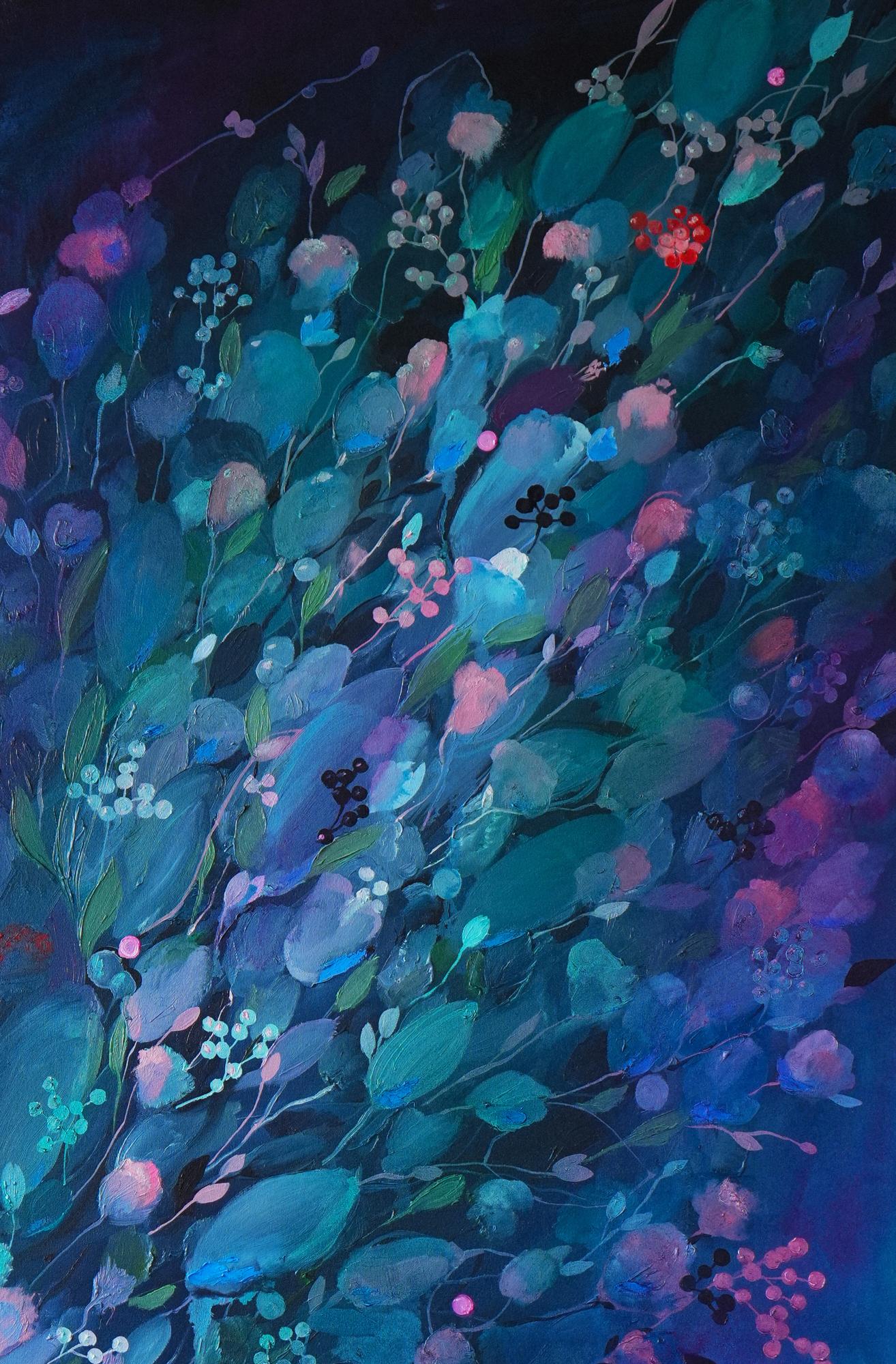 Vibrant abstract floral oil painting Swan Victoria Kagalovska in teal purple pink on navy