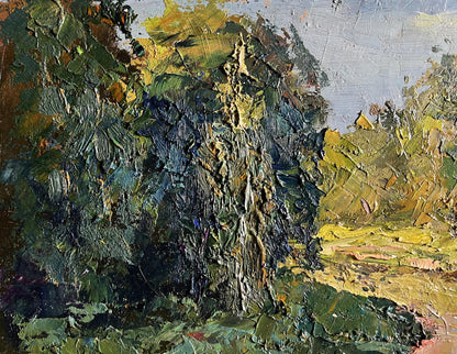 Oil painting of Forest along the River by Boris Serdyuk, textured dark green woods