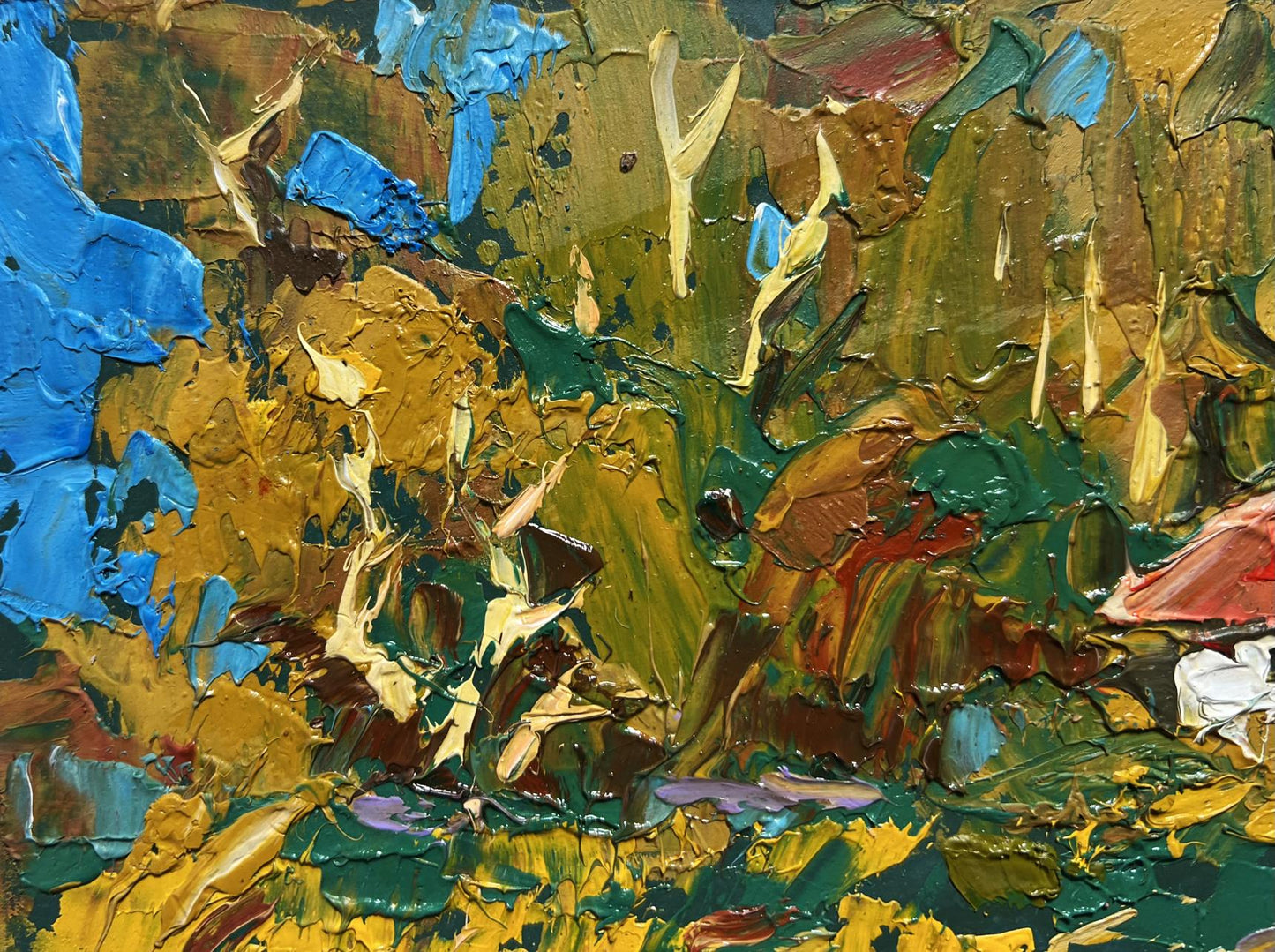 Oil painting Evening is coming in the village by Oleksiy Ivanyuk, vibrant impasto blues and golds
