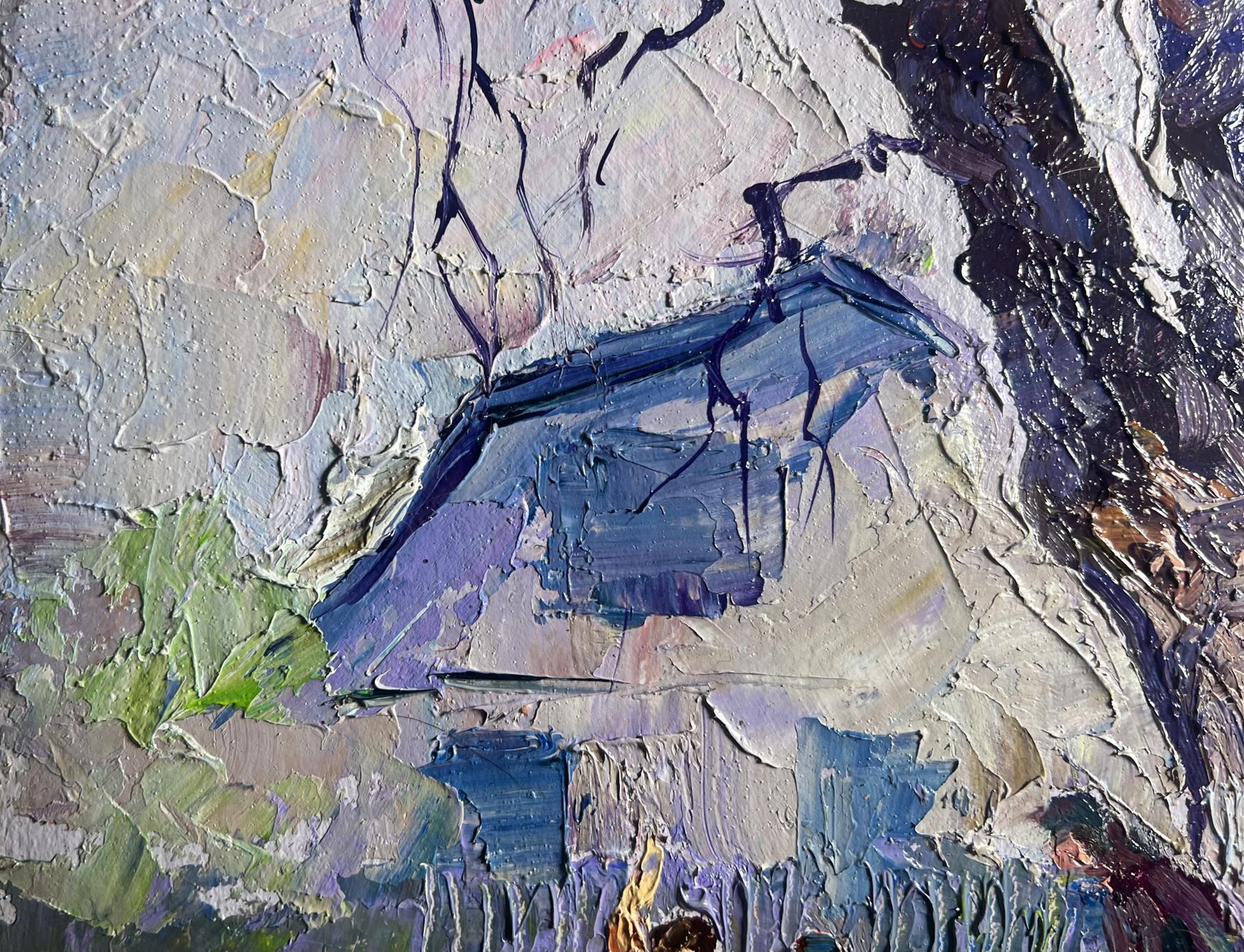 Oil painting May day in the village by Boris Serdyuk, blue-roofed house