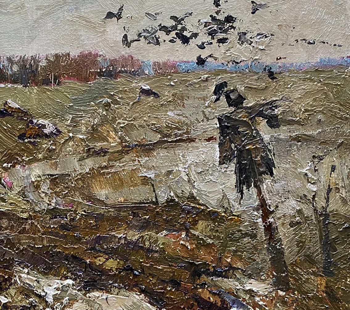 Impasto oil painting Deep Autumn by Oleksiy Ivanyuk with weathered scarecrow