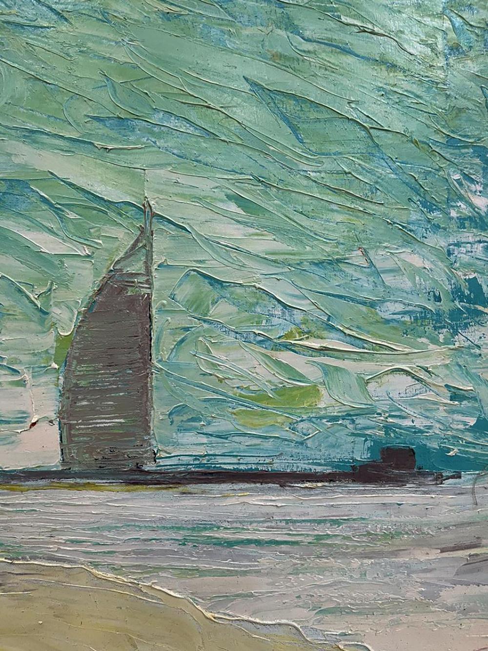 Textured oil painting of dark sailboat at Praia de Golfo by Serhiy Kovalev