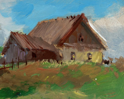 Impressionistic oil painting of rustic thatched farmhouse by Yuriy Suprunchuk