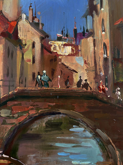 Vibrant impressionist oil painting of Venetian canal by Yuriy Suprunchuk