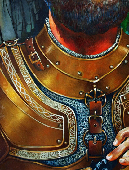Golden ornate plate armor with white Celtic knotwork in Bhima Konsta G. Amelinn oil painting