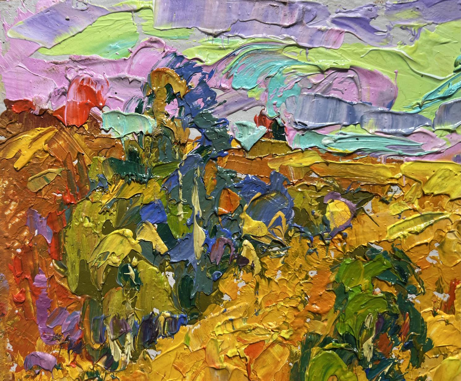 Vibrant impressionist oil painting Golden field among trees by Oleksiy Ivanyuk