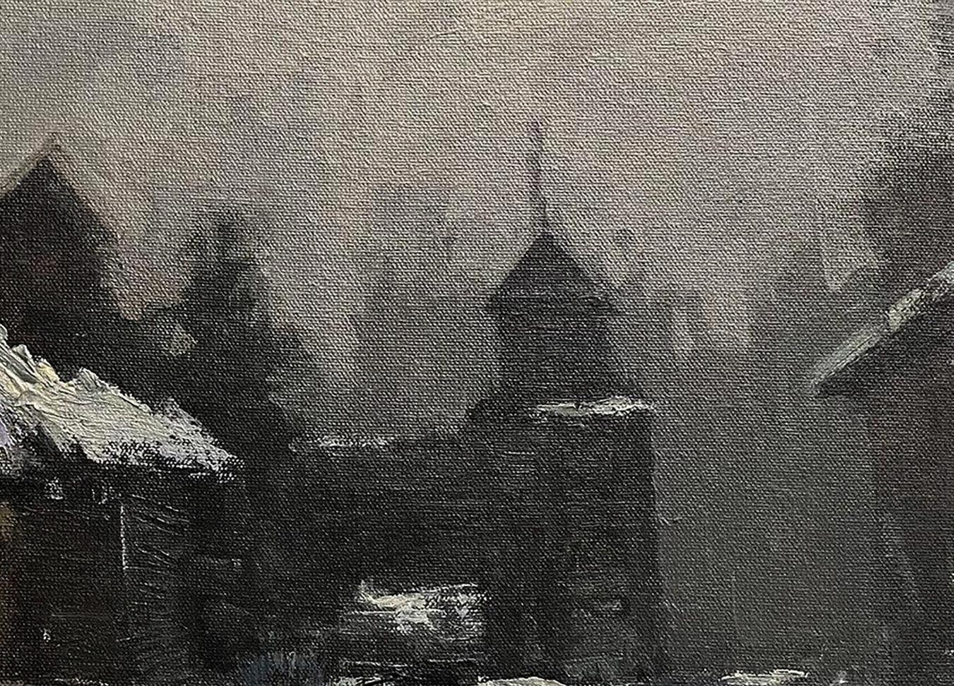 Monochrome oil painting of snow-covered Swedish village by Volodymyr Pashchenko