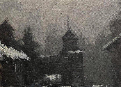 Monochrome oil painting of snow-covered Swedish village by Volodymyr Pashchenko