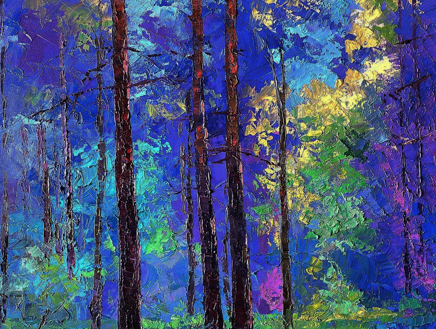 Vibrant abstract forest oil painting by Boris Serdyuk with sunny meadow