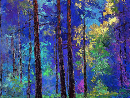 Vibrant abstract forest oil painting by Boris Serdyuk with sunny meadow