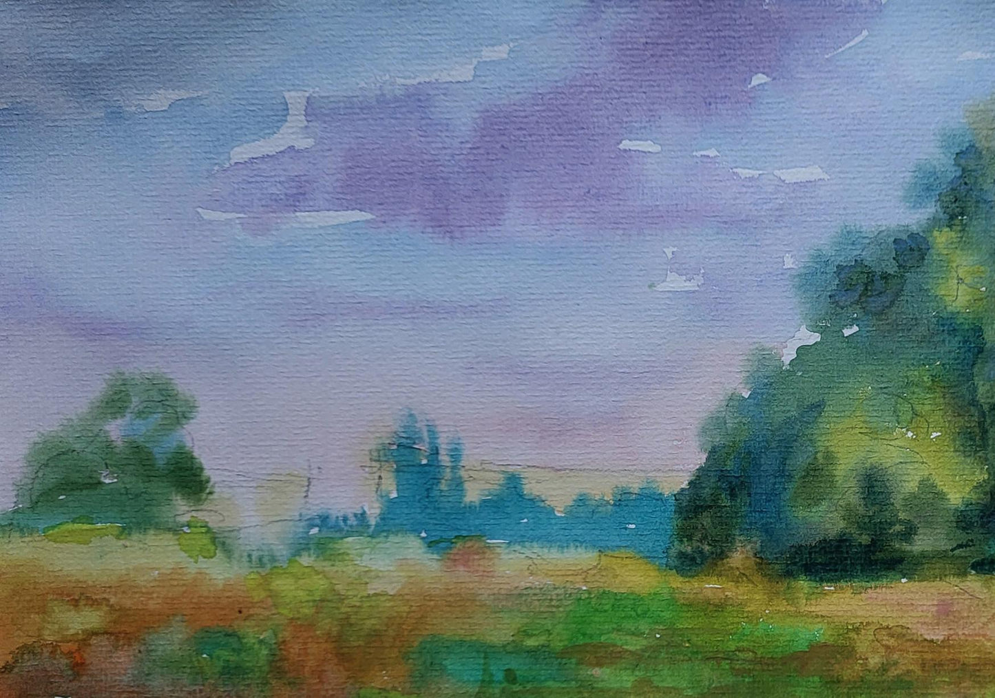 Watercolor painting of August summer day by Boris Serdyuk with purple skies