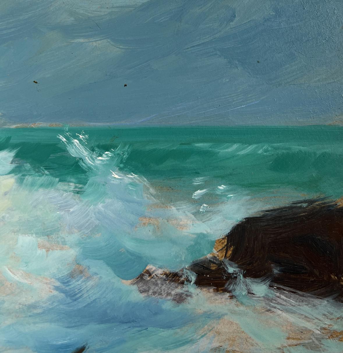 Oil painting Song of the Waves and Wind by Yuriy Suprunchuk, turbulent teal waves crashing on rocks