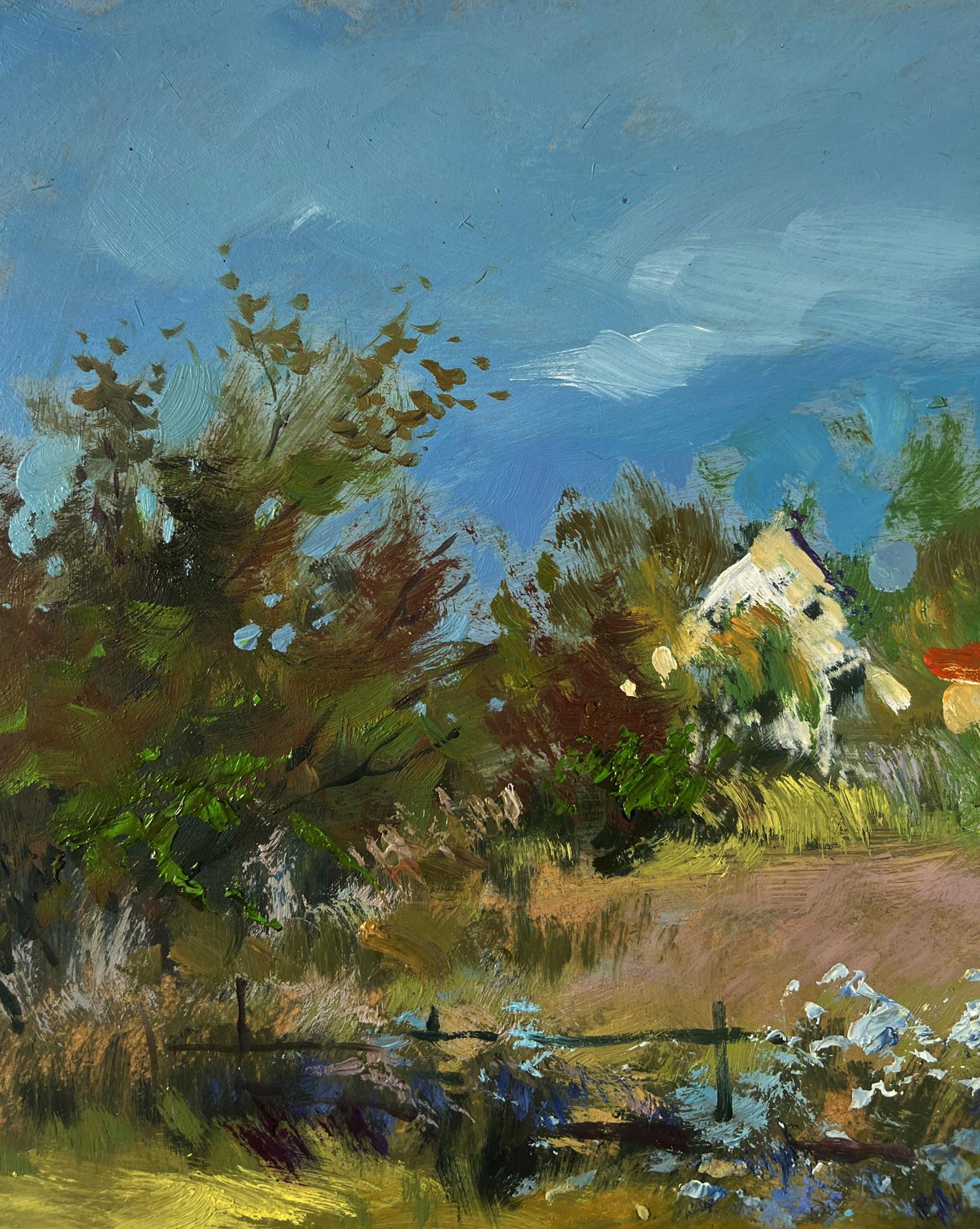Oil painting of rustic white cottage among green autumn trees by Yuriy Suprunchuk