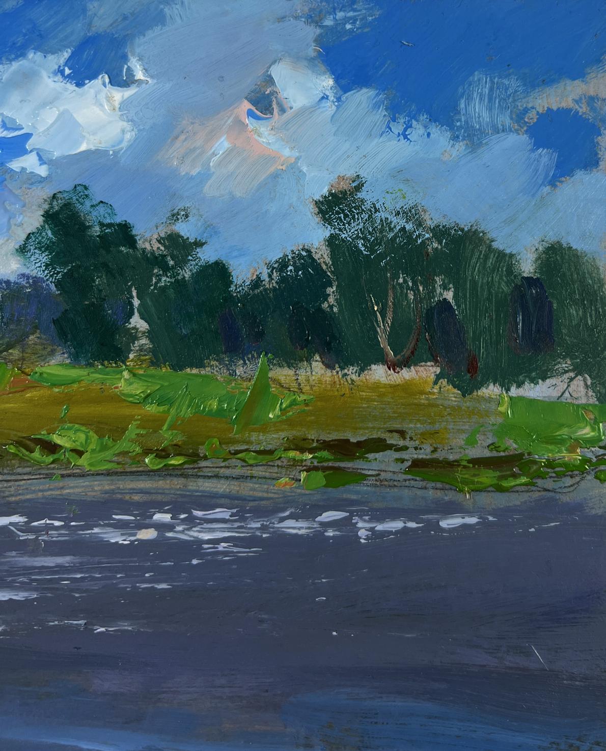 Vibrant impressionist oil painting by Yuriy Suprunchuk of serene river landscape
