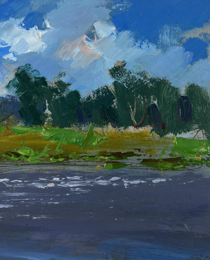 Vibrant impressionist oil painting by Yuriy Suprunchuk of serene river landscape