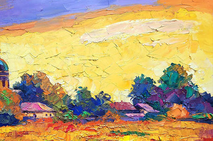 Vibrant impressionist oil painting Sunset over the village by Boris Serdyuk